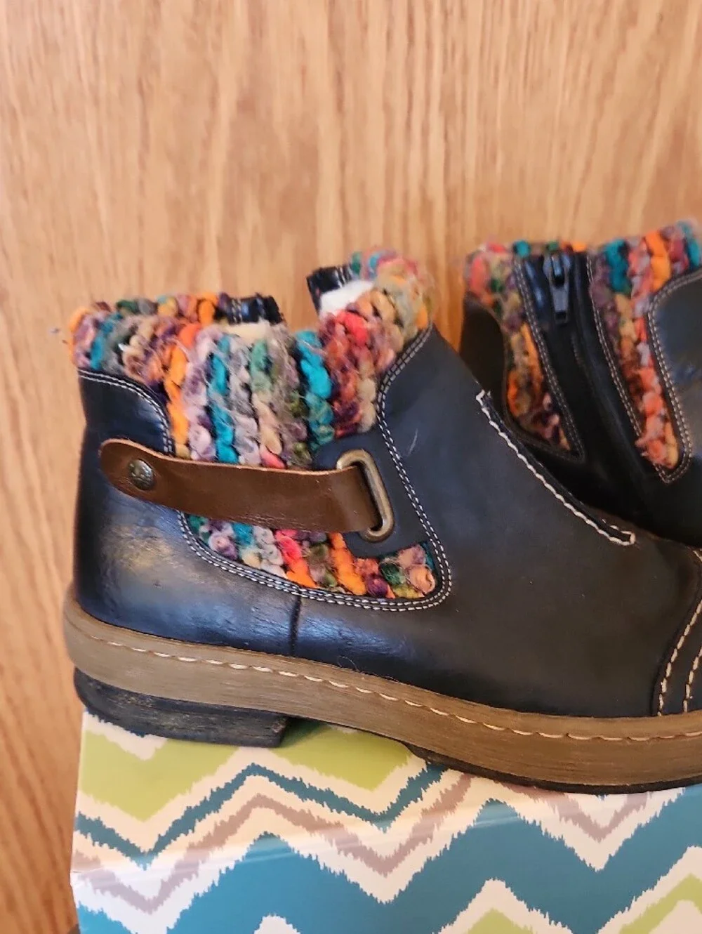 Rieker Navy Leather Ankle Boots with Multicolor Knit Cuff